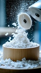 Shaving soap. Flakes falling into a wooden dish