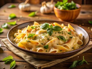 Delicious Cheesy Pasta with Basil - Creamy Pasta Dish Stock Photo