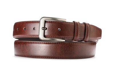 One brown leather belt isolated on white