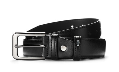 One black leather belt isolated on white