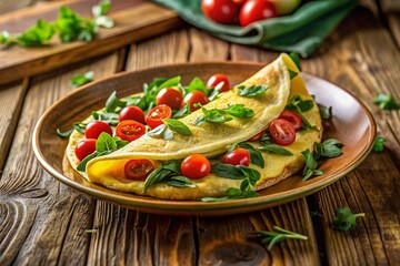 Delicious Cheese & Greens Omelette on Yellow Plate - Rustic Wooden Table Stock Photo