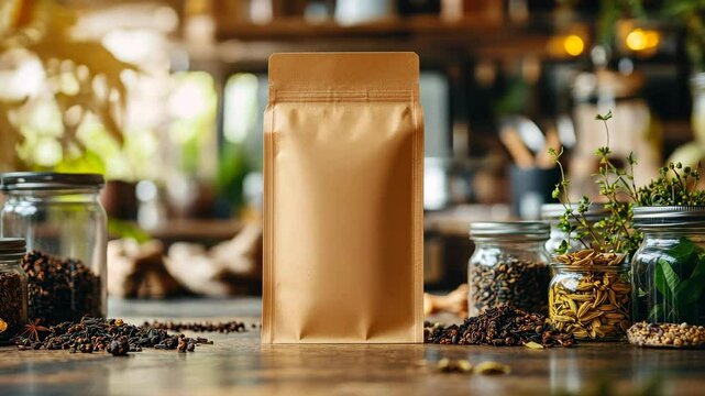Organic tea packaging with glass jars and herbs in natureinspired setting