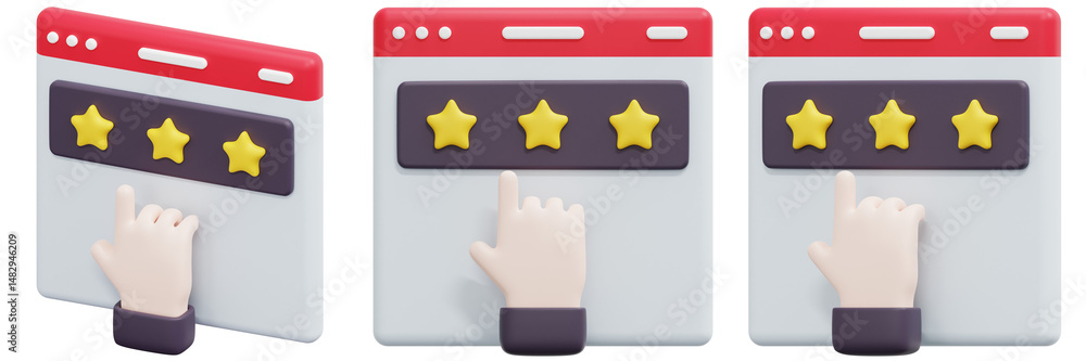 Poster set of yellow stars rating on a website interface 3d render icon illustration