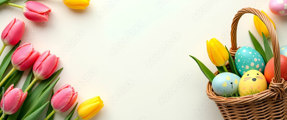 Poster cheerful easter basket surrounded by vibrant tulips: a joyful frame for your easter messages in phot