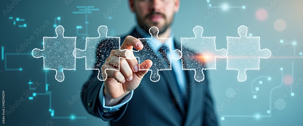 Poster overhead view of business strategist with puzzle and digital interface - symbolizing strategic leade