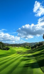 A beautifully maintained golf course stretches across green hills under a vibrant blue, cloudy sky