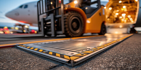 Metallic pallet edges entering aircraft door with forklift at airport loading zone during sunset