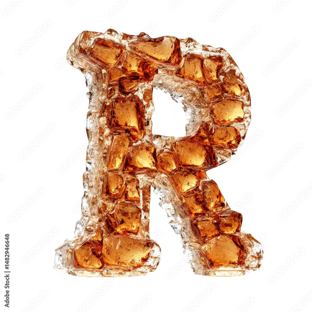 Poster ice letter r shaped ice cube block with clear crystals and unique texture on white background