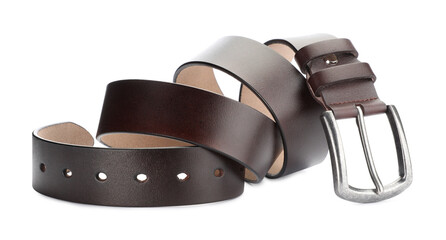 One brown leather belt isolated on white