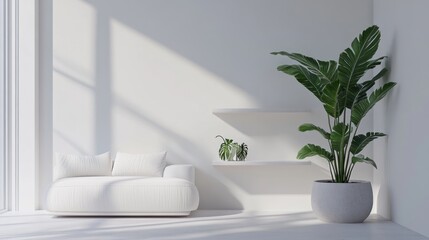 Minimalist White Living Room Interior Design with Lush Greenery