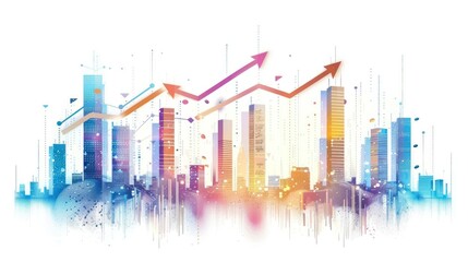An artistic illustration shows a skyline with financial data analysis and growth trends using arrows