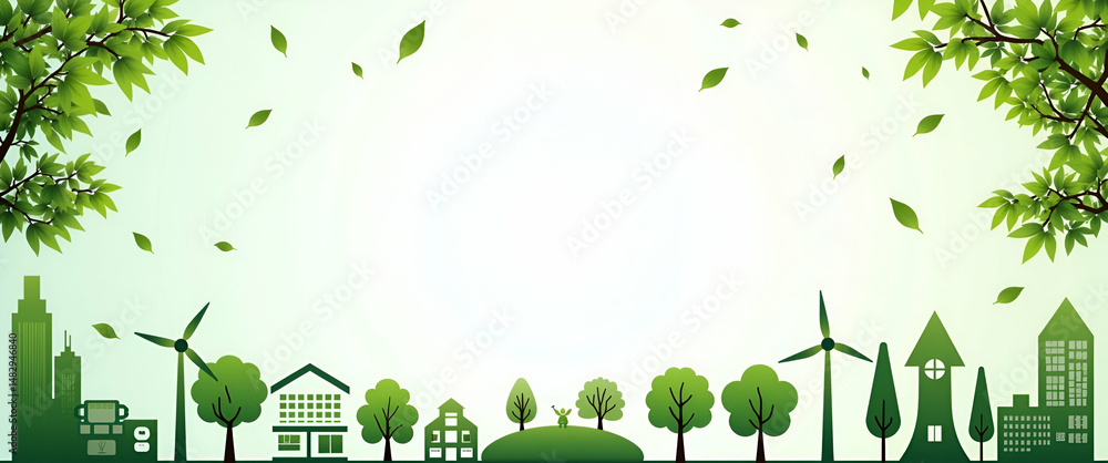 Poster renewable energy icons and tree canopy border frame with copy space for world environment day eco in