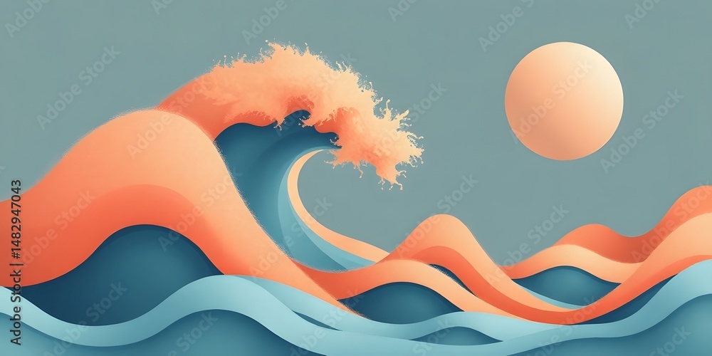Leinwandbilder peach fuzz waves, a dance of abstract color and tranquil geometric shapes create a peaceful illustra