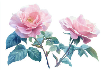 Watercolor Roses, Perfect for Designs. Two beautiful pink roses are depicted in a watercolor style, perfect for textile prints and other design projects. The leaves and stems are also included.