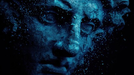 Digital bust with pixelated design shows technology meets art and virtual face with artificial intelligence
