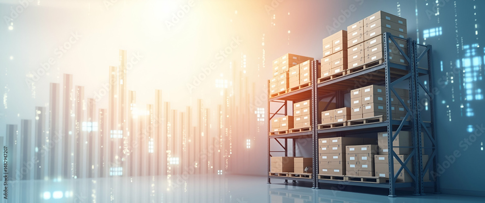 Poster photo realistic as silhouette of a storage rack and a financial report symbolizing inventory turnove