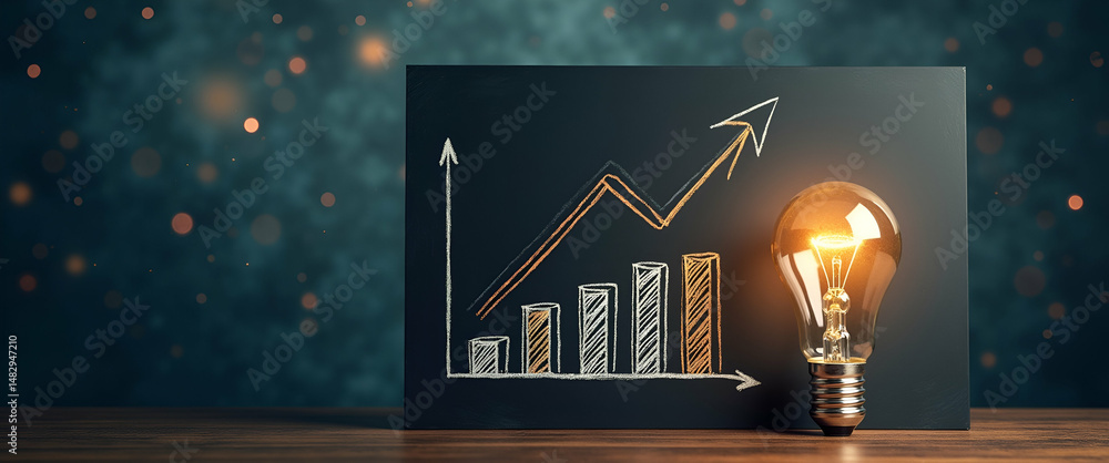 Aufkleber photo realistic blackboard with efficiency chart and lightbulb concept - symbolizing innovative busi