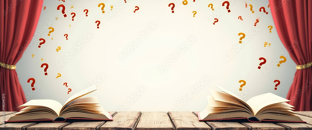 Poster open book and question mark border frame with copy space for world theatre day inquiries concept as 