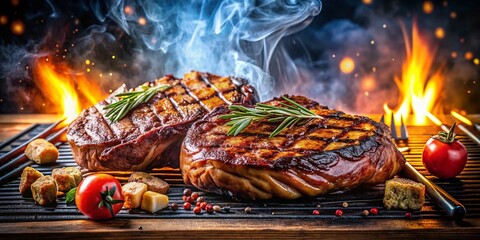 Delicious BBQ Double Exposure: Smoky Grill & Juicy Meat Stock Photo