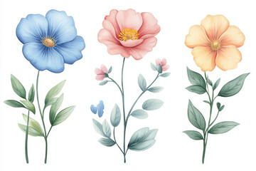 Watercolor Floral Illustration for T-shirts. Three watercolor flowers bloom in this illustration, perfect for decorative t-shirt designs, featuring diverse colors and styles.