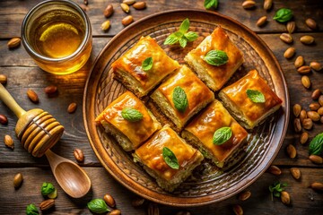 Delicious Baklava, Top View: Sweet Honey Pastry Treat on Plate