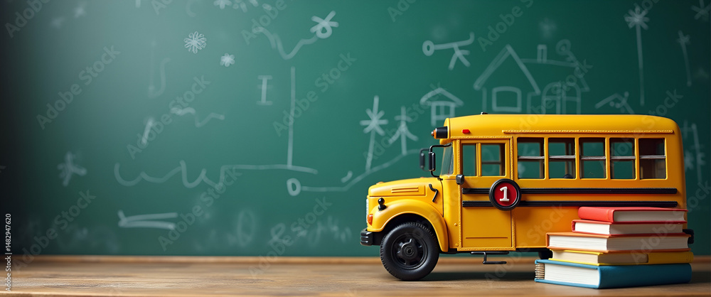 Poster photo realistic as school bus with chalkboard and books concept as a school bus with a chalkboard an