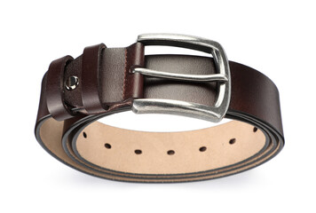 One brown leather belt isolated on white, above view