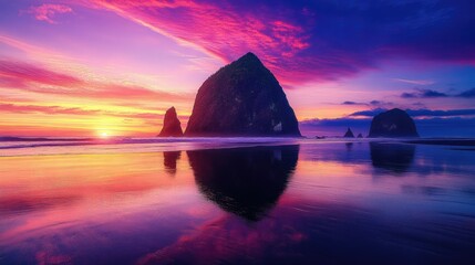 A panoramic view of a rocky coastal landscape during sunset.
