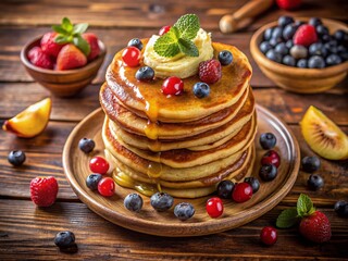Delicious American Pancakes with Bananas & Berries - Top View Stock Photo