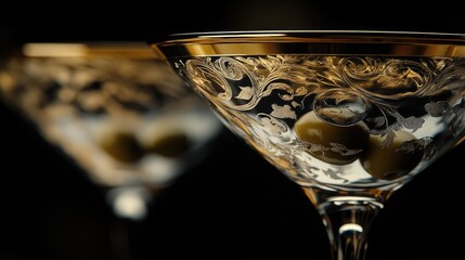 A classic martini in a sleek, inverted conical glass, featuring three green olives on a cocktail pick.