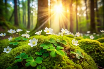 Delicate White Wood Sorrel Flowers in Spring Forest, Oxalis Acetosella, Wildflower Meadow