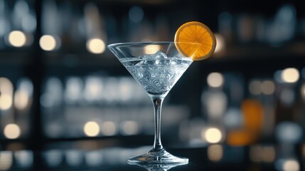 A close-up of a martini glass filled with a dark cocktail, garnished with a curled orange peel.