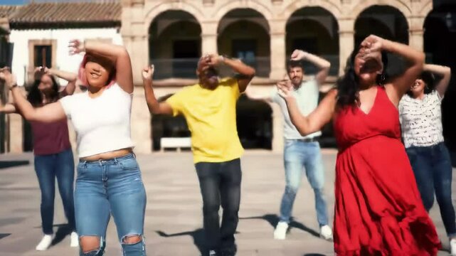 Joyful group of friends dancing in a sunny historic square, embracing laughter and togetherness. concept of friendship, outdoor fun, cultural celebration, joyful moment