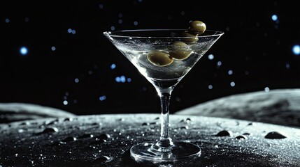 A close-up of a martini glass filled with clear liquid, featuring two green olives with pimentos floating inside.