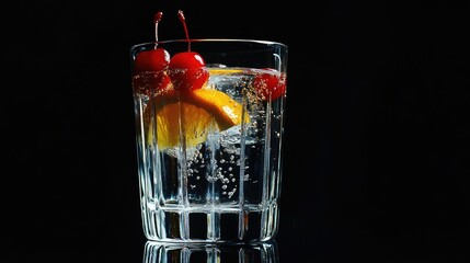 A glass filled with a vibrant red beverage, featuring ice cubes and garnished with an orange slice and a maraschino cherry.