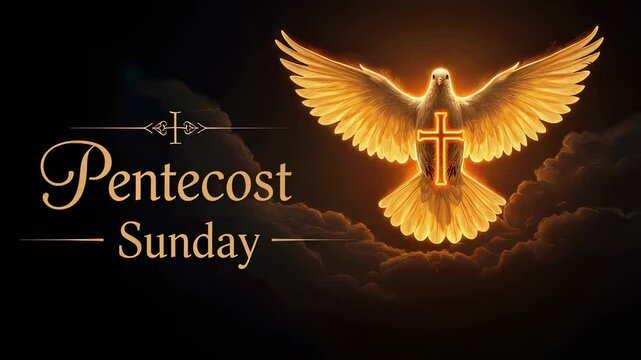 Glowing dove with cross symbol and pentecost sunday text, religious symbol of the holy spirit for christianity. Fiery tongues