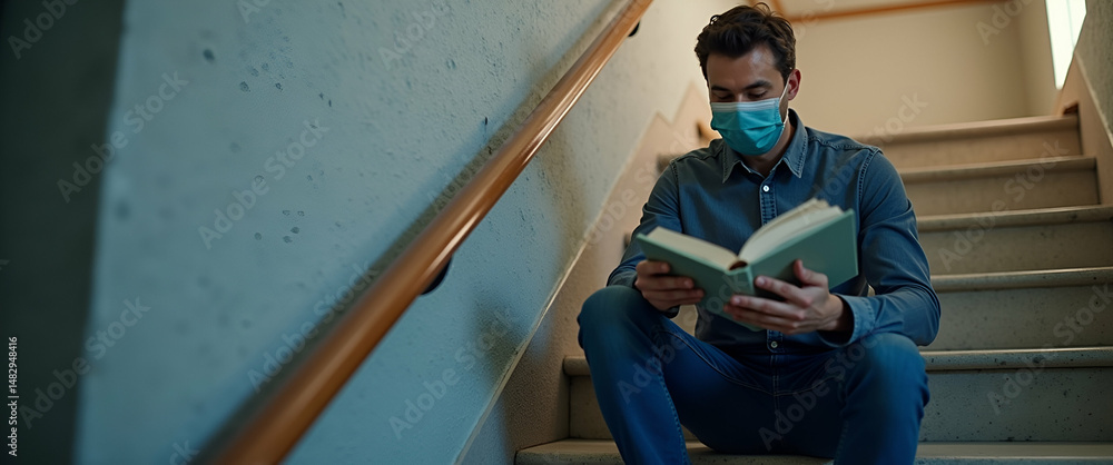 Poster contemplative masked man reading on stairs: a symbol of personal growth and learning with empty spac