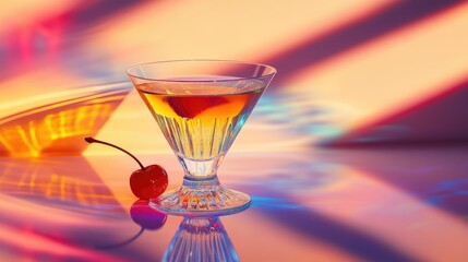 A close-up view of a cocktail in a stylish martini glass, featuring amber-colored liquid with a glossy surface.
