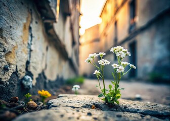 Delicate White Flowers in Urban Decay: Abandoned Building Exploration Photography