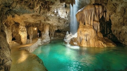An underground cave featuring numerous stalactites hanging from the ceiling and stalagmites rising from the ground.