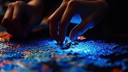 A close-up of a hand placing a puzzle piece into a partially completed puzzle, illuminated by a soft blue light.