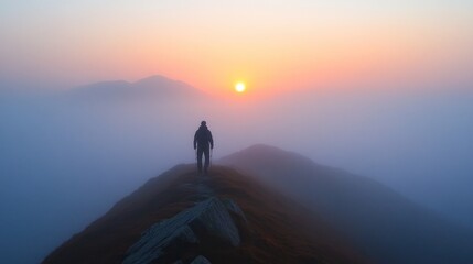 Solitary Hiker at Sunrise: A Misty Mountaintop Journey