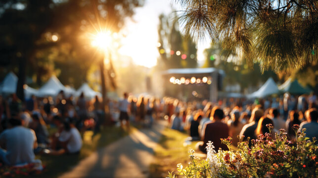 People at  summer music festival outdoors, blurred background