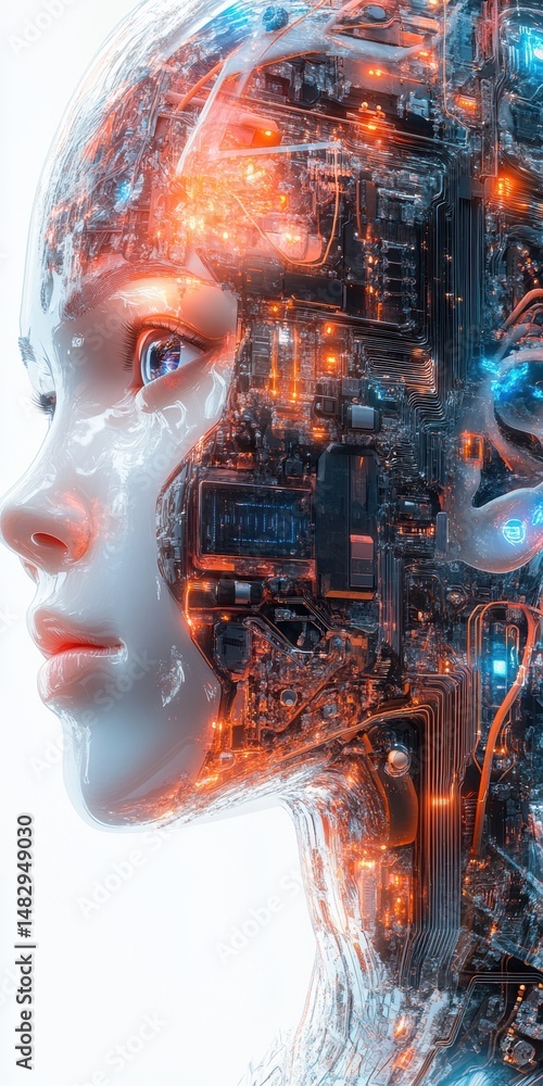 Poster female android displaying intricate internal circuitry in close-up profile