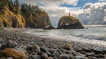 Rocky shoreline with large gray boulders scattered across the foreground, leading towards a small, grassy island.
