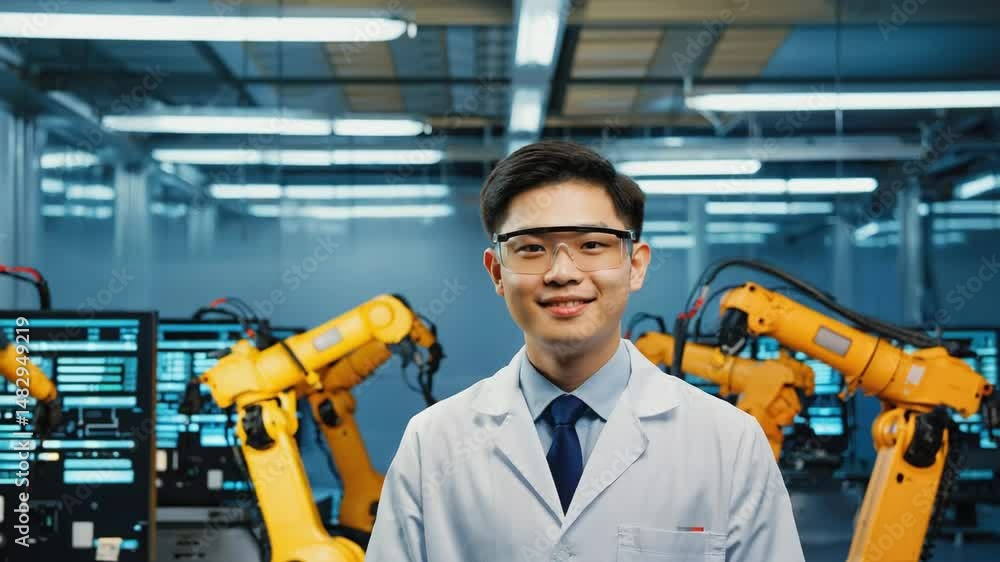 Poster an asian engineer in a white lab coat smiles before rows of yellow robotic arms in a smart factory. 