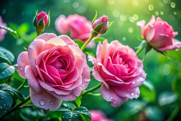 Delicate Pink Roses Close Up, Blooming Garden Flowers,  Nature Photography