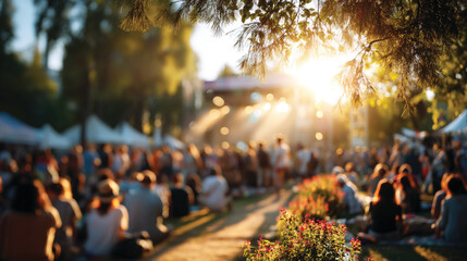 People at  summer music festival outdoors, blurred background