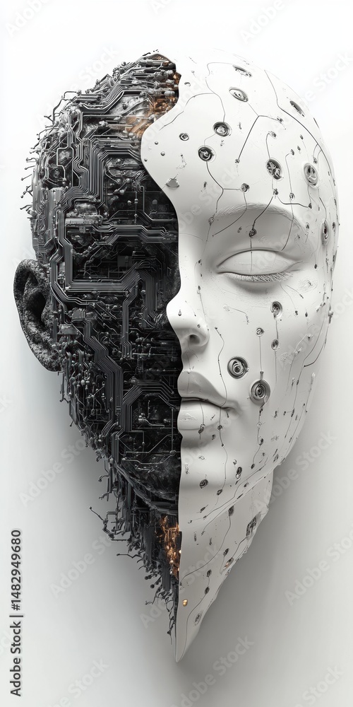 Poster humanoid face showing internal circuitry and external shell
