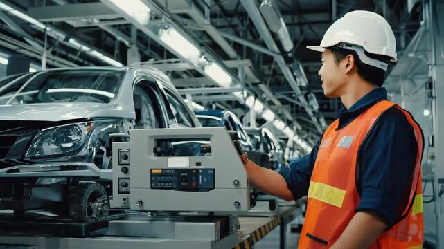 A young asian worker in reflective vest operates control equipment beside a partially built car. Concept of modern manufacturing and skilled labor.